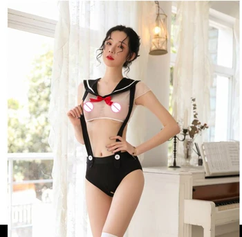 

Harajuku Japanese Girl School Uniform Uniformes Estudiantes Ligerie Sexy Women Tops Pant Open Crotch Transparent Langerie 2pcs