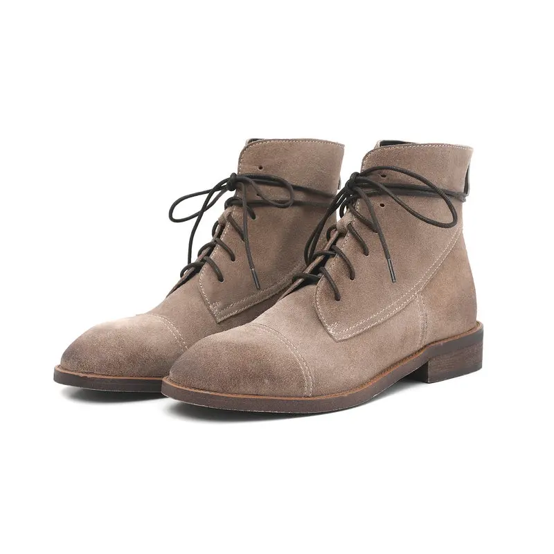 leather Motorcycle ankle Boots woman Corss-tied low heels Ladies casual Shoes Woman Genuine Leather Boots size 41 42 43 44 - Цвет: khaki