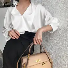Womens Tops and Blouses Slik Satin Plus Size Shirts Celmia Autumn Fashion Long Sleeve V neck Blusas Ladies Office Elegant Tops