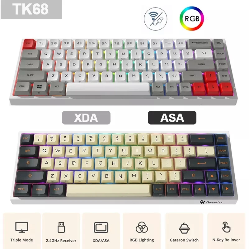 68 Keys TK68 Mechanical Gaming Keyboard Triple Mode BT5.0/2.4Ghz 
