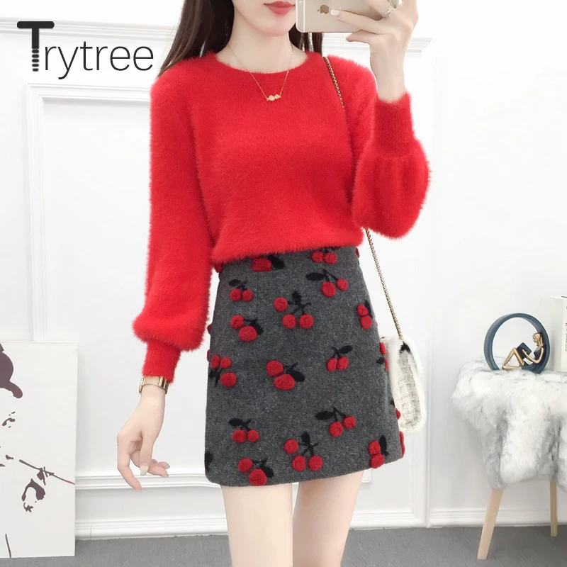 Trytree осенне-зимний комплект из двух предметов Повседневный Однотонный свитер с круглым вырезом топ+ юбка на молнии Модный комплект для офисной Леди комплект из 2 предметов