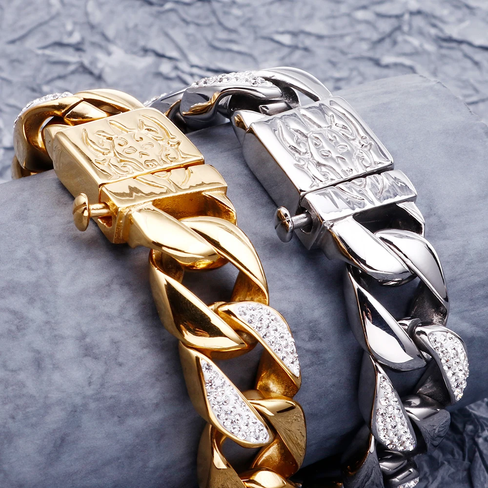 Полированный цельный браслет-цепочка из нержавеющей стали толщиной 16 мм для мужчин хип-хоп браслет с черепом ювелирные изделия для мужчин s браслеты с CZ