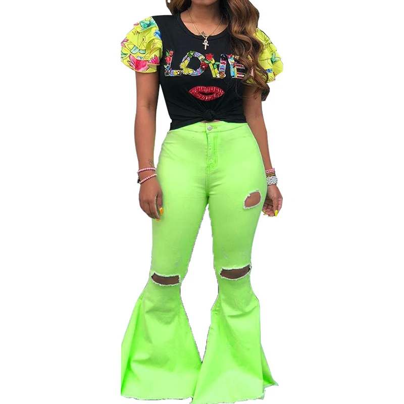 Plus Size S-3XL Sexy Ripped Holes Zipper Women Washed Denim Flare Pants Femme Solid Casual Streetwear Slim Hip Hop Jeans SJ4645Y