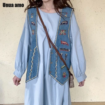 

Unua amo Retro Denim Vest Women Single-breasted V-neck Waistcoat Spring Summer 2020 Fashion Embroidery Sleeveless Jacket