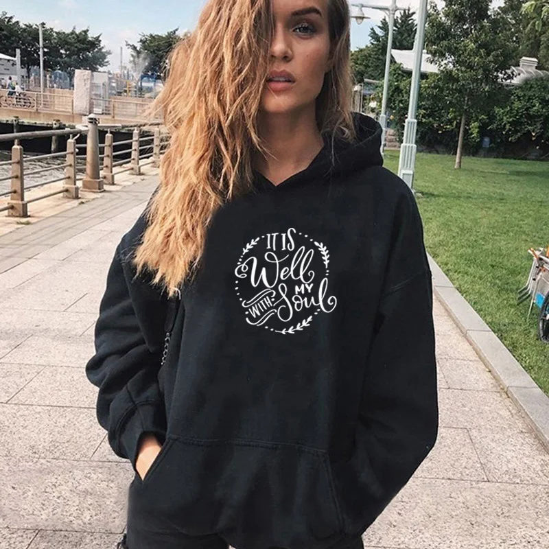  It Is Well with My Souls Funny Hoodies for Women Printed Pullover Fleece Sweatshirts for Women Blac