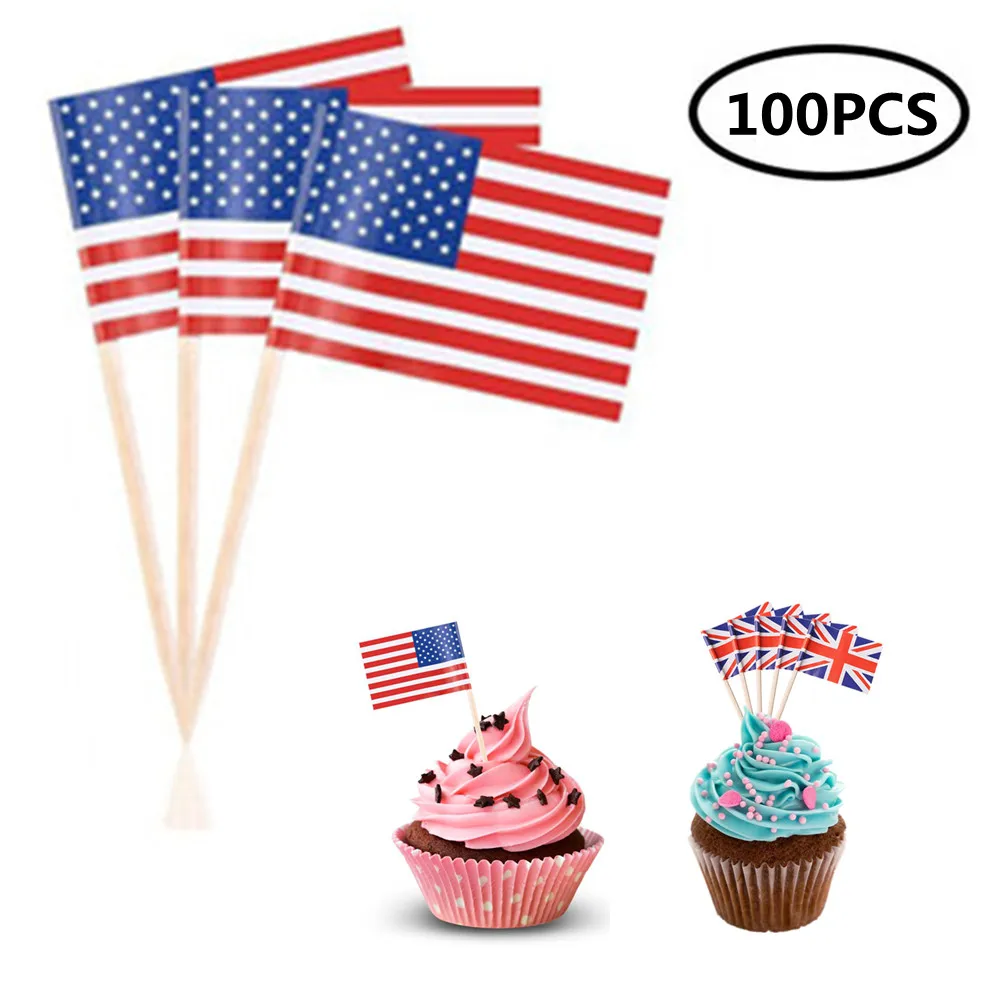 100pcs US/UK Flags Cake Decorative Flags Food Toothpicks Cupcake Toppers Cocktail Fruit Sticks For Party Birthday Decoration