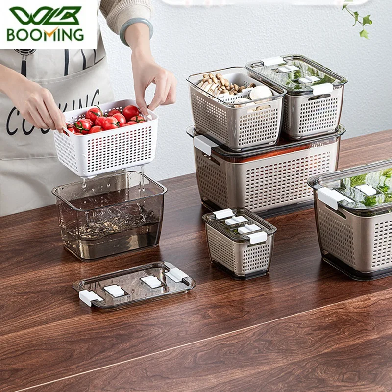 WBBOOMING 3pcs/Set Plastic Double-layer Drain Box 3 Size Refrigerator Fresh Food Storage Box Home Transparent Food Storage Box