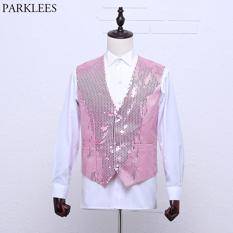 

Pink Paillette Sequins Glitter Vest Men Slim Fit V Nekc Mens Shiny Dress Vests Waistcoat Male Club Party Dance Prom Costumes 2XL