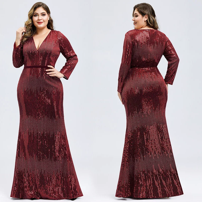 

Luxury Prom Dresses Queen Abby Full Sleeve Mermaid V-Neck Floor-Length Sexy Autumn Winter Party Gowns With Sequined Plus Size