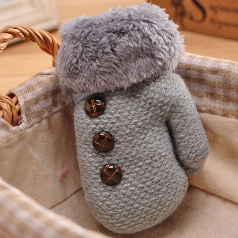 Light grey Зимние Детские перчатки для мальчиков и девочек, детские варежки на полный палец, теплые акриловые варежки на веревке, детские вязаные одноцветные варежки на пуговицах, DW987036 - Цвет: Light grey