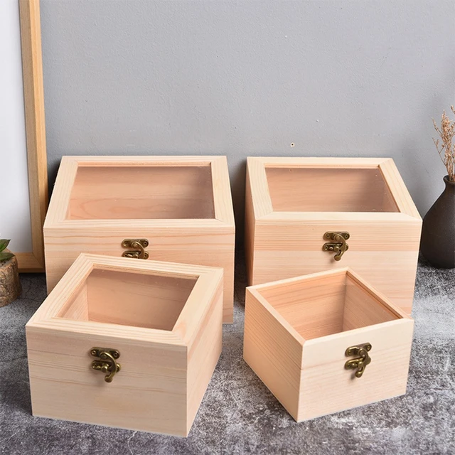 Wooden Storage Box Plain Wood boxes With Clear Lid Multifunction Square  Hinged Craft Gift Box Wooden Jewelry Storage organizer