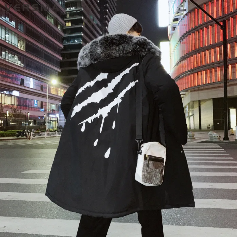 

VERSMA Japanese Claws Print Long Coat Winter Parka Men Hip Hop Streetwear Loose Fur Collar Mens Long Winter Jackets Dropshipping