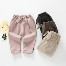 Зимние Плотные хлопковые вельветовые брюки с бантом для маленьких девочек Детские Длинные повседневные штаны-шаровары