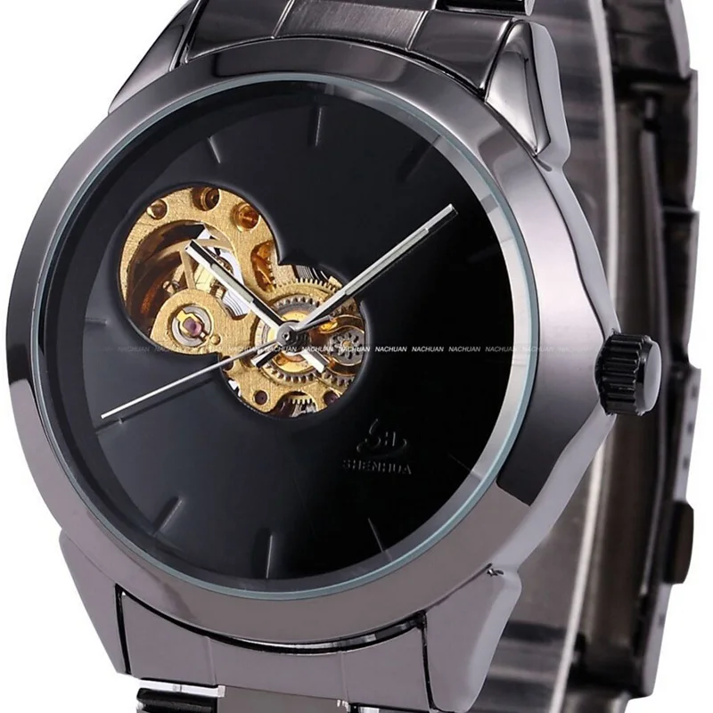 SHENHUA Luxury Men Watches Famous Brand Black Dial Automatic Self Wind Mechanical Skeleton Watches Men relogio masculino