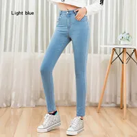 LEIJIJEANS autumn high waist bule casual feet long jeans hips classic jeans plus size push up highly stretchy women jeans - Цвет: light blue