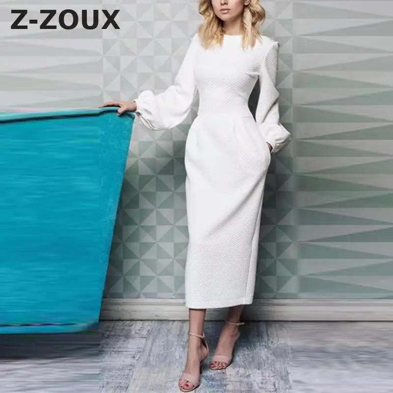 

Z-ZOUX Women Dress Solid Lantern Sleeve Vintage Dresses Temperament Long Sleeve Dresses Retro High Waist White Dress Autumn 2019