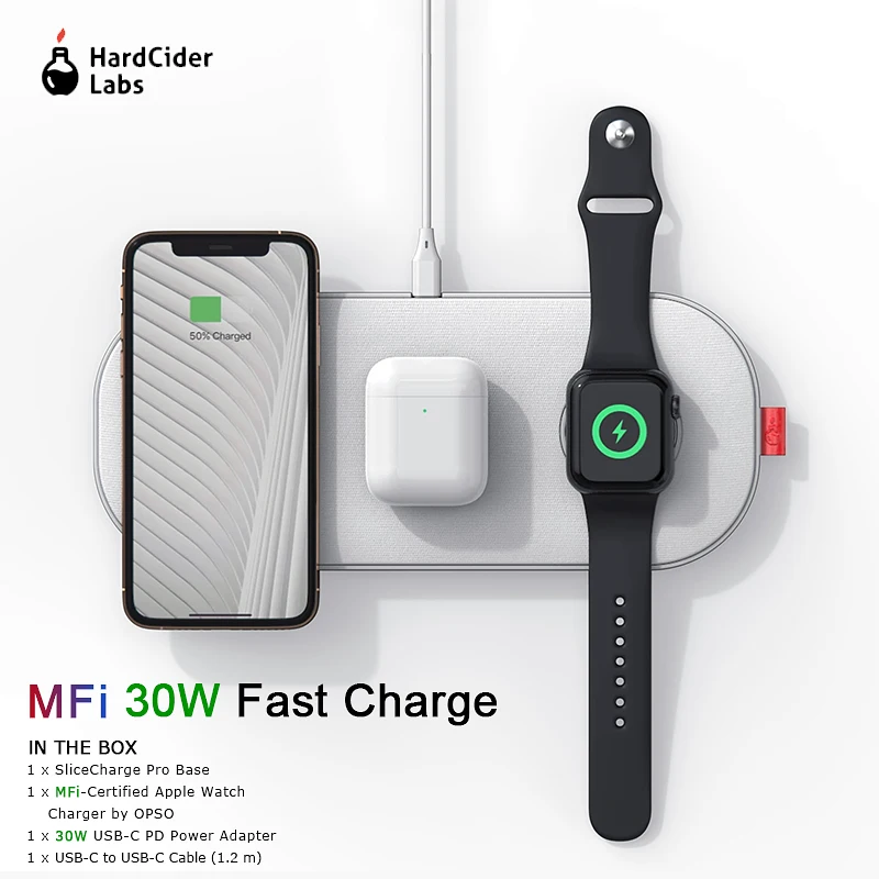 MFi Беспроводное зарядное устройство 30 Вт Быстрая зарядка 3 в 1 Pad жесткий Cider Labs