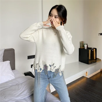 

Brand Design Floal Pattern Knit Sweater Pullovers Women O-Neck Autumn Tassel Sweater Jumper Winter Hollow Out Top Pull Femme