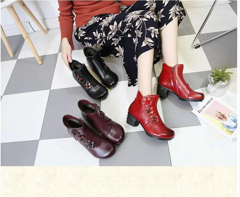 YAERNI Autumn Winter Shoes Woman Cow Leather Flower Shoes Comfort Med Heel Ankle Boots Genuine Leather Fashion Shoes women