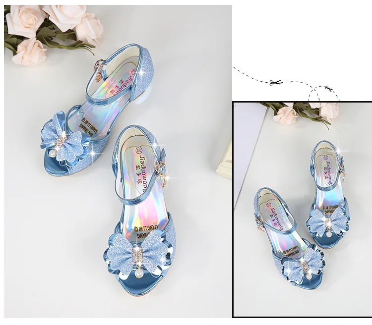 2021 Princess Kids Leather Shoes for Girls Flower Casual Glitter Children High Heel Girls Shoes Butterfly Knot Blue Pink Silver best children's shoes