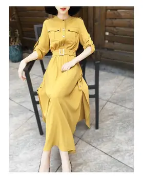 

The new summer 2020 temperament yellow shirt style dress skirt pocket decoration