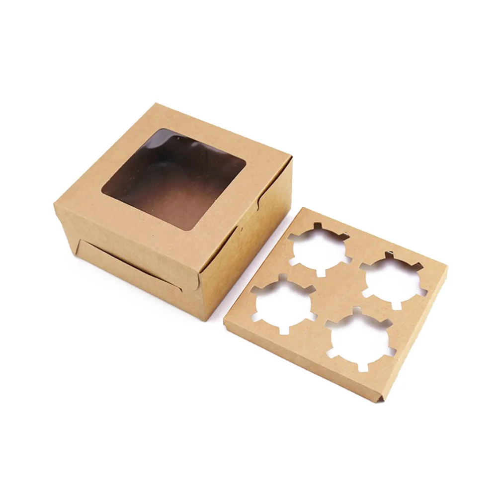 4 Cavities Kraft Paper Cupcake Box Dessert Containers Bakery Cake Carriers for Home Dessert Shop