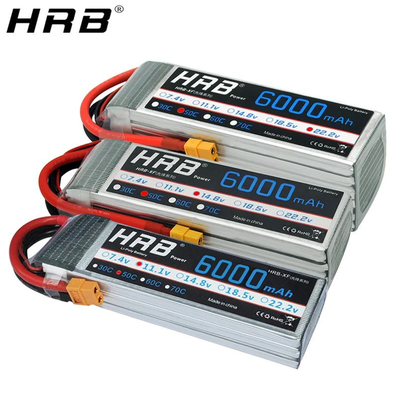 Batería Lipo HRB 14.8V 6000mAh 4S 50C-100C Con Conector XT60 Para Coches RC, Drones Y Barcos
