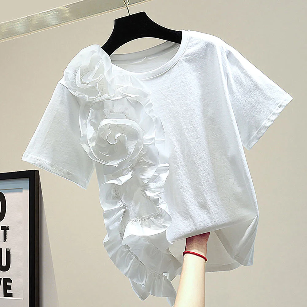

Three-dimensional Flower T-shirt Female 2020 Summer Japanese Loose Black Tee Fashion Personality Stitching Fungus Women Tops