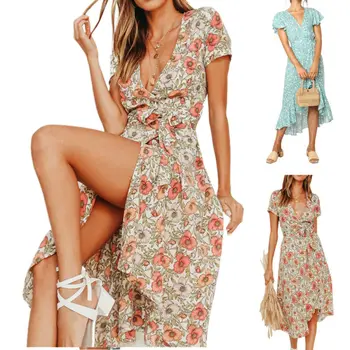 

Fashion Women V-Neck Bohemia Long Maxi Dress Summer Beach Ladies Print Short Sleeve V-Neck Chiffon Dress Party Sundress Plus
