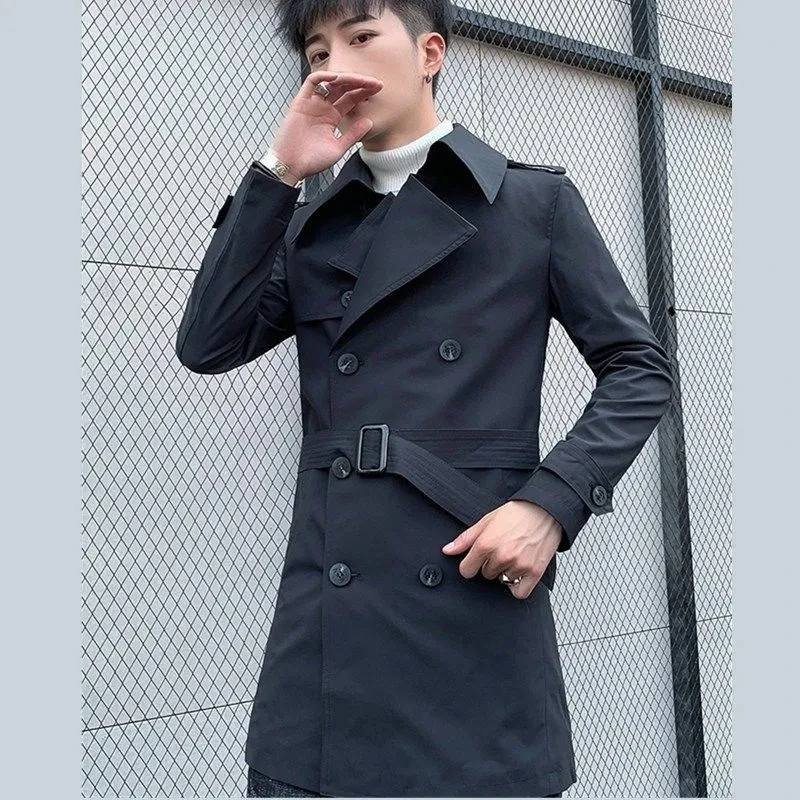 Fashion Trench Men Spring Autumn Streetwear Double Breasted Windbreaker Jacket Casual Solid Slim Coat Chaquetas Hombre