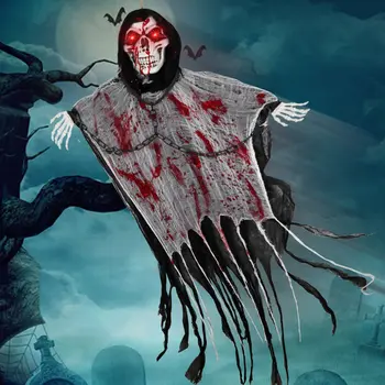

OurWarm Halloween Hanging Skeleton Ghost Decorations Voice Activated Skull Ghost Terrible Ghost with Glowing Red Eyes 170*105CM