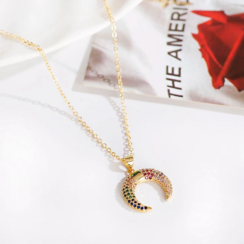 Классическое колье CZ Золотое медное колье-Подвеска для женщин Moon Horns Collier Femme Cross