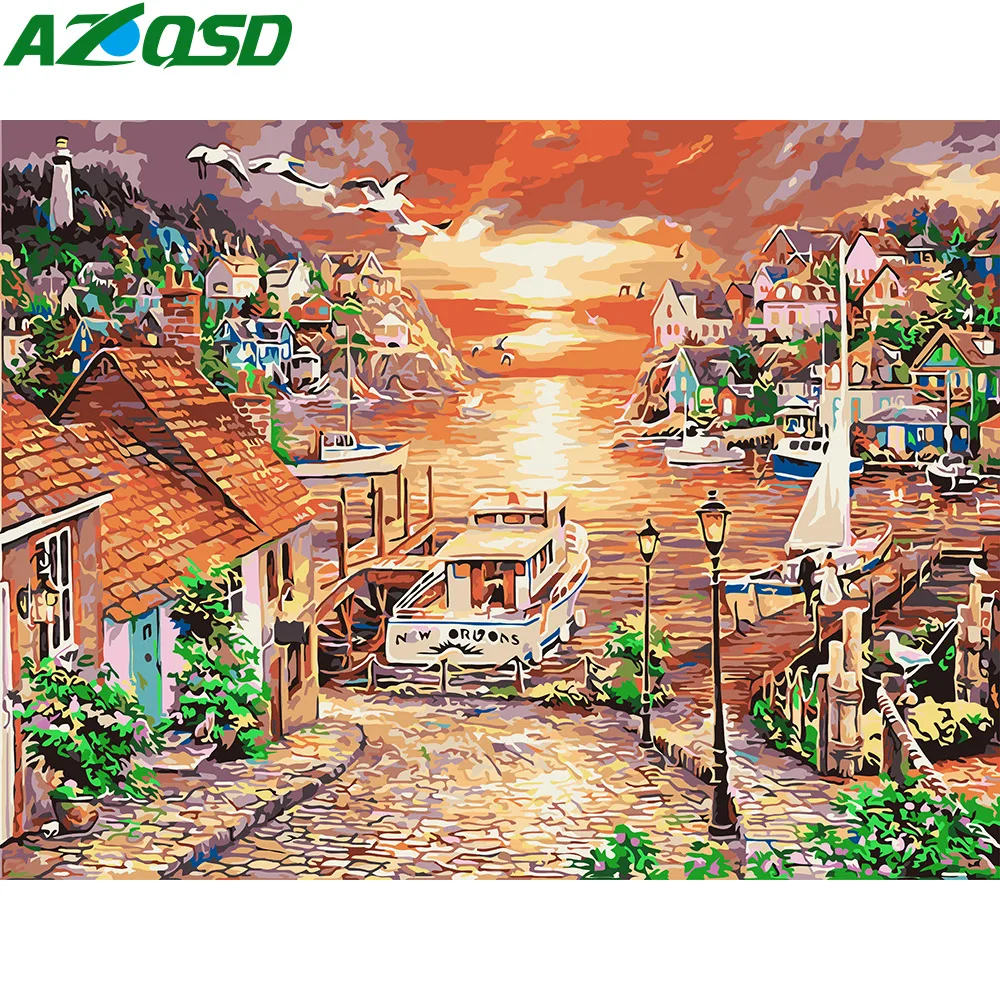AZQSD Морские Пейзажи Картины по номерам Diy Краска морская краска холст ручная ed
