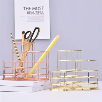 

Hexagon Iron Pen Holder Desk Stationery Organizer Makeup Brush Cosmetic Tools Holder Pencil Cup