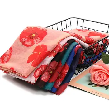 

Poppy Flowers Print Viscose Muslim Hijabs Headscarf Women's Thin Gauze Scarves Cotton Head Wrap Long Shawl Islamic Veil 180x85cm