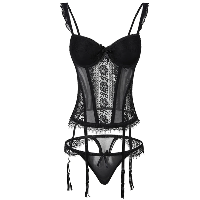Lace Corset Bustier Top With Straps Belt Breathable Lingerie
