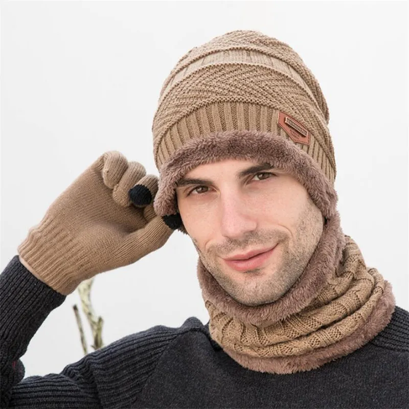 Мужская зимняя вязаная шапка и шарф, набор перчаток, женская теплая плюшевая шапка, комплект из 3 предметов, Мужская Уличная Лыжная шапка, кольцо, шарфы, одноцветные мужские - Цвет: Khaki  3 Pcs Set