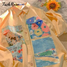 

FASHROSE Painting Print Vintage 90s Aesthetic Blouse Shirts Pocket Button Y2K Harajuka Streetwear Turn Down Collar Blouses Women