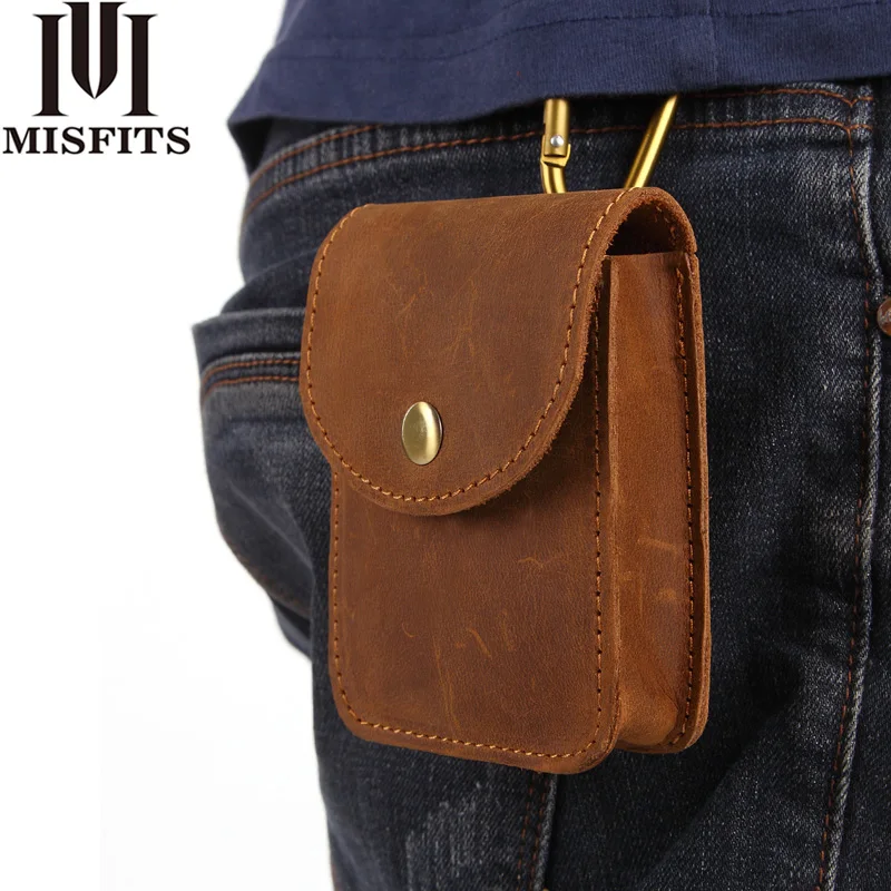 

MISFITS Genuine Leather Waist Packs Men Cigarette Pouch Mini Waist Bag Male Crazy Horse Leather Vintage Belt Bag Hip Bum Pack