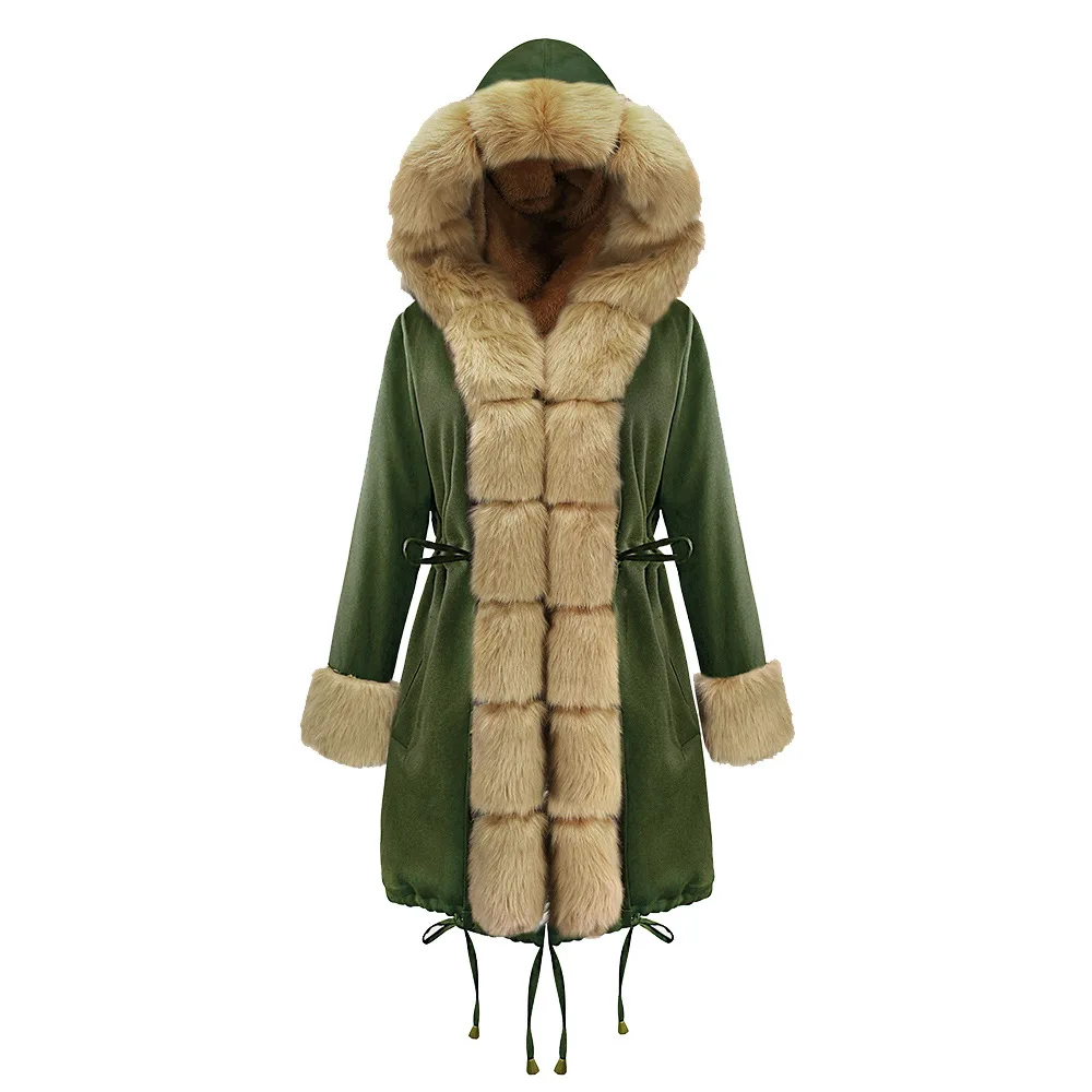 Зимнее женское пальто из искусственного меха, повседневное длинное плотное теплое меховое пальто с капюшоном, женские меховые куртки, камуфляжное пальто, хлопковая верхняя одежда - Цвет: Green1