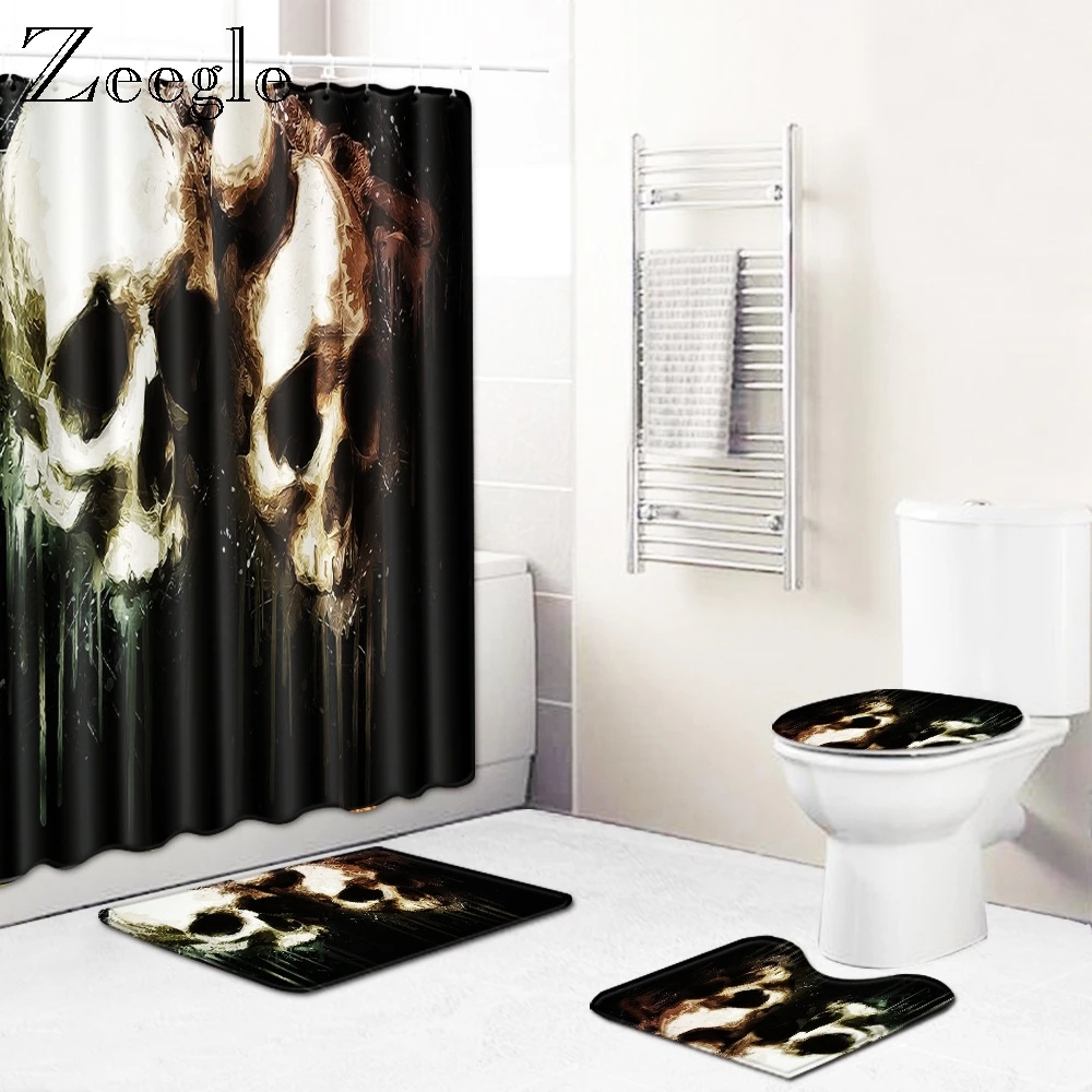 Zeegle Halloween Bath Mat Set Creative Bath Rug Toilet Seat Cover Mat Waterproof Shower Curtain with Hooks Bathroom Accessories