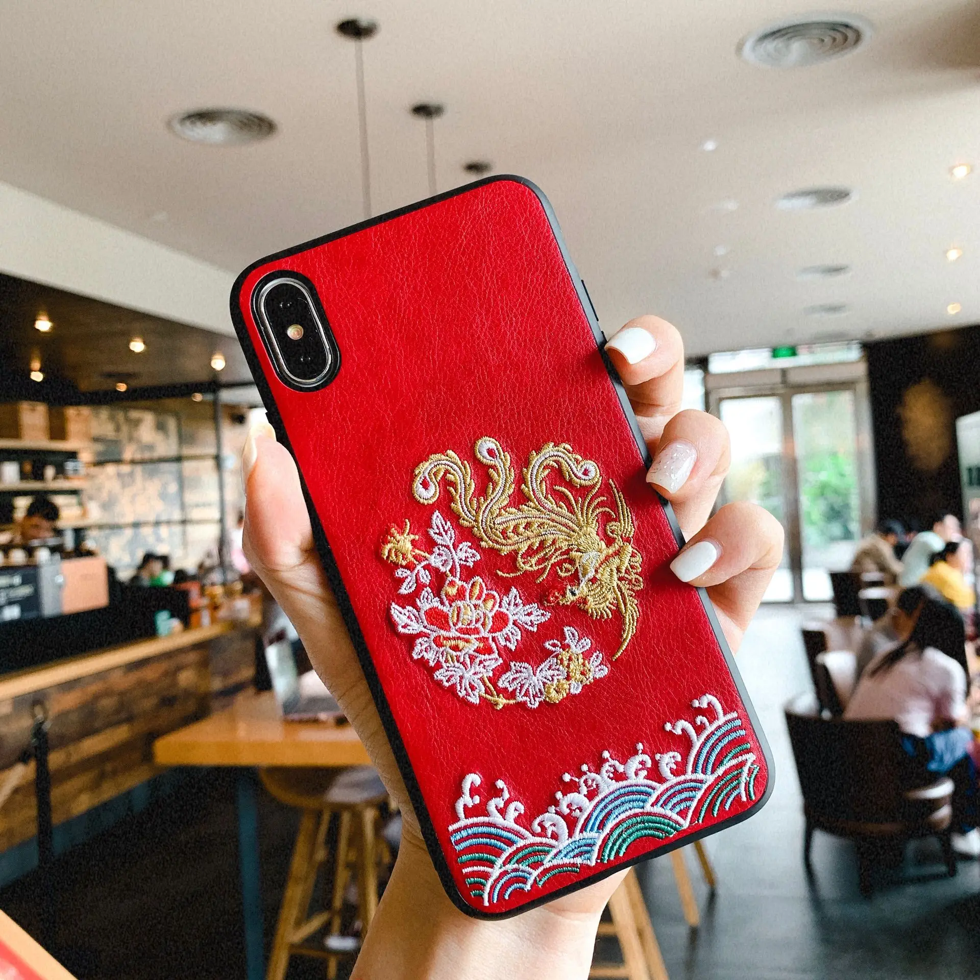Abmos Chinese style embroidered mobile phone case For iPhone 6 6s 7 8 Plus 11 Pro Max X XS Retro dragon and phoenix couple |