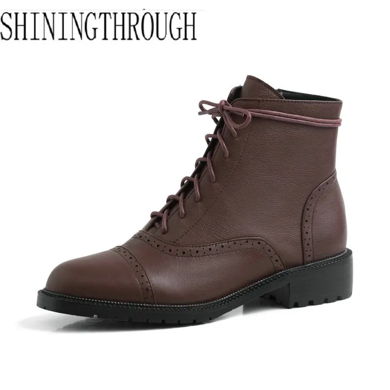 

New Boots Women Ankle Boots Cow Leather Round Toe Lace Up Short Boots Warm Winter Zipper Party Low Heels Shoes Woman