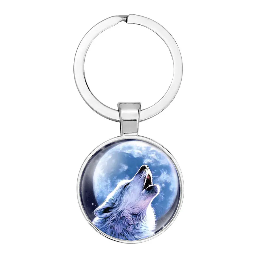 

LG Fashion Wolf Keychain Animal Key Chain Handmade Round Photo Frame 25mm Glass Cabochon Car Key Ring Holder Jewelry Gift