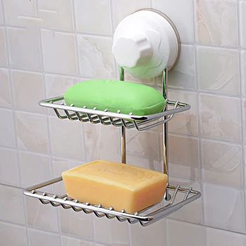 

Stainless Steel Double Layer Bathroom Soap Dish Holder Rack Adhesive Suction Cup Home Bathroom Storage Basket Shelves