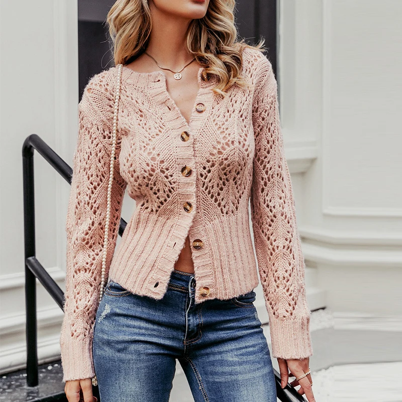 

WHOSONG Elegant Hollow Out Crochet Knitted Cardigan Sweater Women Autumn Winter Long Sleeve Sweaters Ladies High Waist Outwear