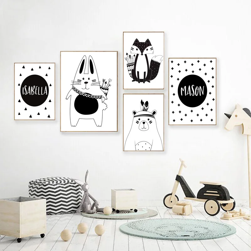 Black-White-Cartoon-Bear-Rabbit-Baby-Nursery-Wall-Art-Canvas-Poster-Custom-Name-Print-Painting-Nordic