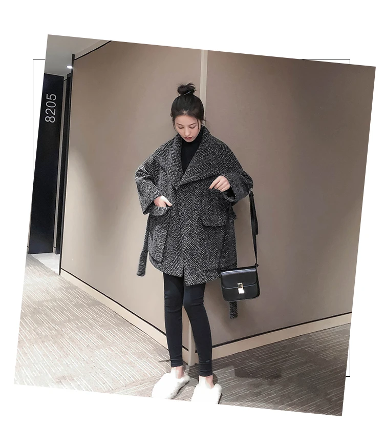 Винтажное шерстяное пальто в елочку для женщин, зимнее повседневное пальто больших размеров с отложным воротником и регулируемой талией, шерстяные куртки, женское элегантное пальто