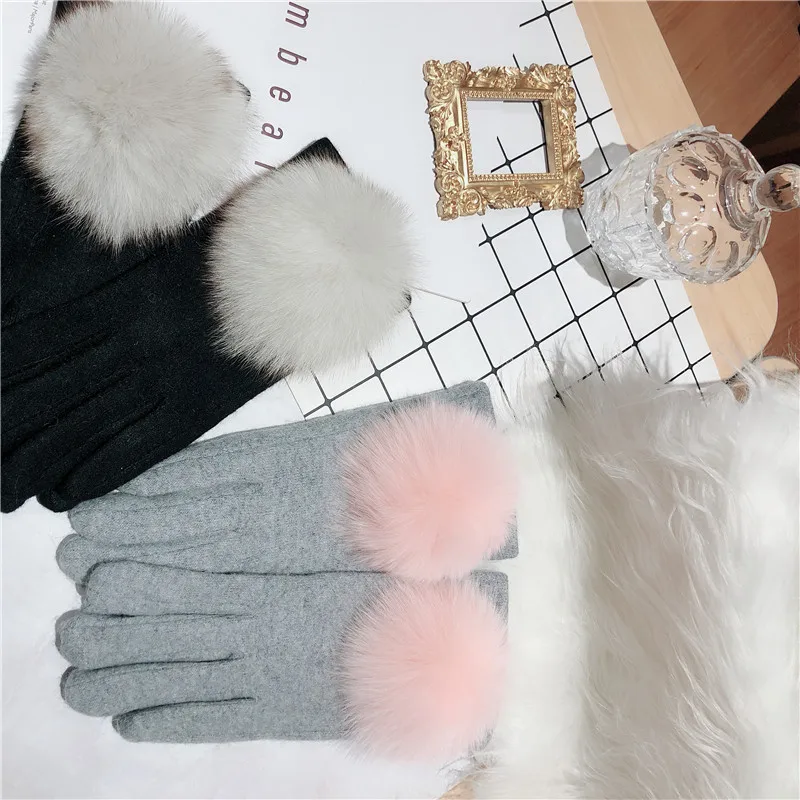 Осенне-зимние кашемировые теплые женские вязаные простые студенческие перчатки с лисьим мехом и помпонами, корейские женские перчатки с сенсорным экраном