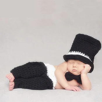 

Newborn hats for baby boy photography props infant picture baby beanie photo shooting gentleman suits bow tie kids knitted set